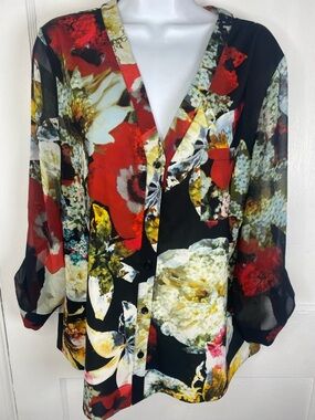Alice + Olivia Black Floral Button-Front Blouse with Red & Yellow Accents
